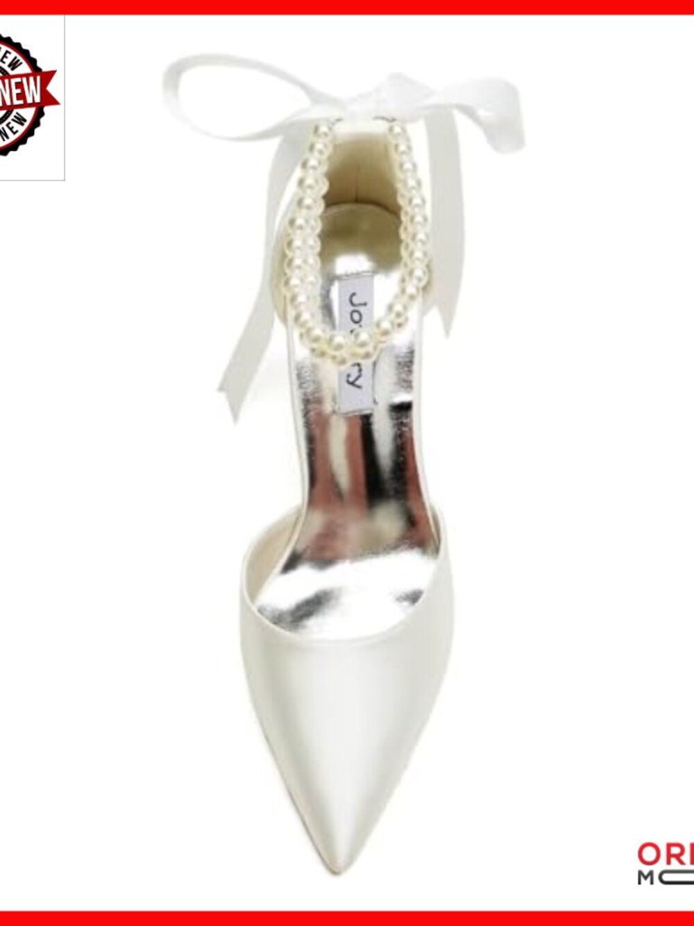 Satin Block Heel Wedding Shoes Pointed Toe Pearl Ankle Strap Heels - Picture 3 of 7